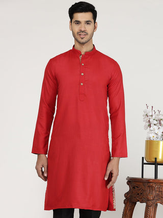 Cherry Red Solid Cotton Blend Kurta for Men