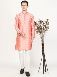 Coral Peach Printed Silk Blend Kurta for Men