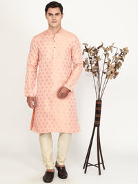 Coral Pink Printed Silk Blend Kurta for Men