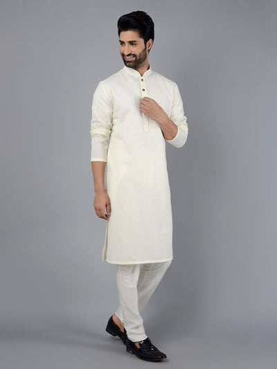 Cream Printed Full Sleeve Cotton Blend Kurta for Men main image 1