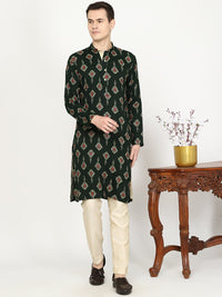 Deep Bottle Green Printed Cotton Blend Kurta for Men