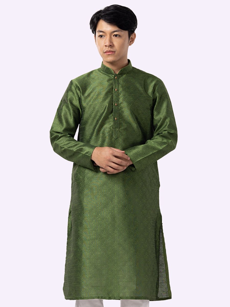 green Printed Cotton Silk Blend Kurta for Men
