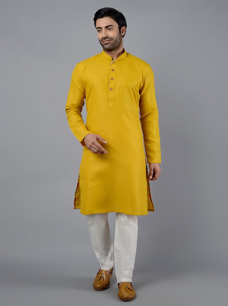 Haldi Yellow Solid Cotton Blend Kurta for Men