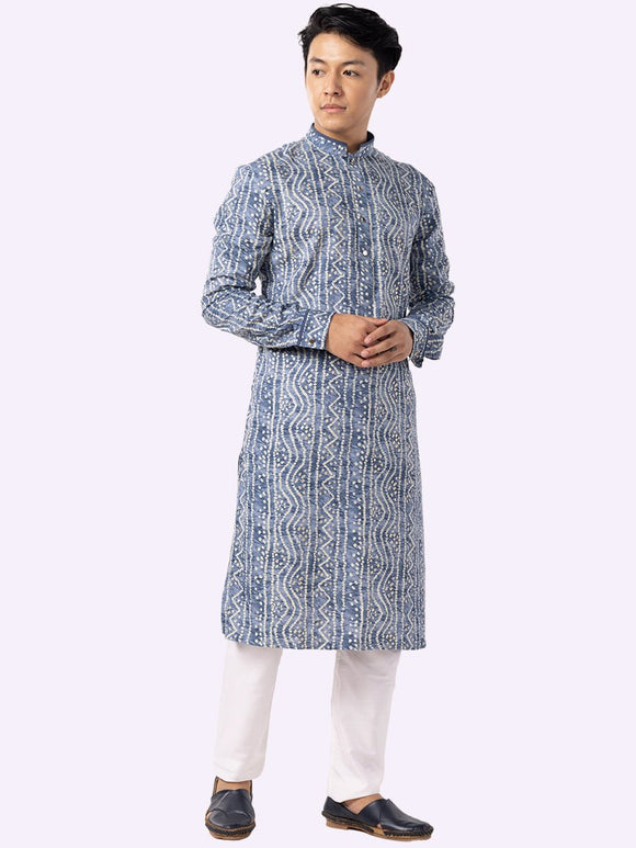 Indigo Blue Printed 3/4Th Sleeve Cotton Kurta