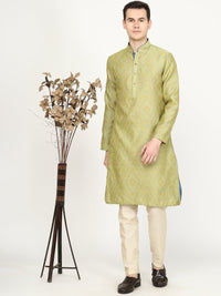 Lemon Green Printed Exclusive Silk Blend Kurta for Men