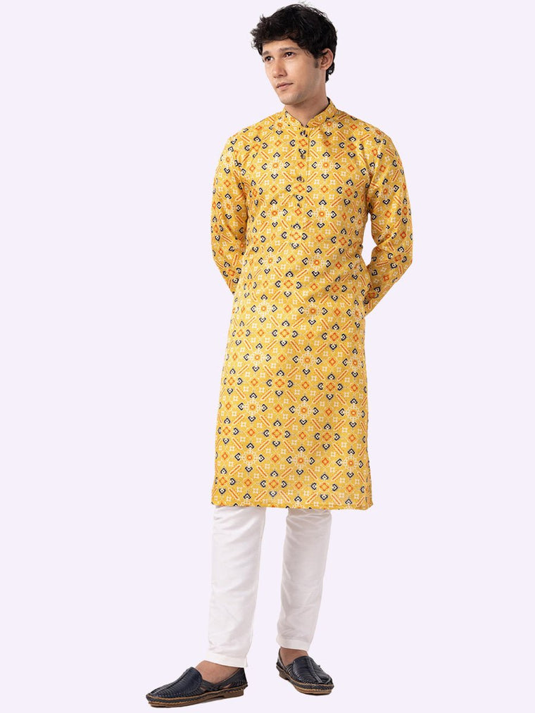 Lemon Yellow Printed Tussar Silk Kurta For Men ??? The Kurta Company