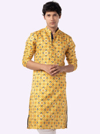 Lemon Yellow Printed Tussar Silk Kurta For Men