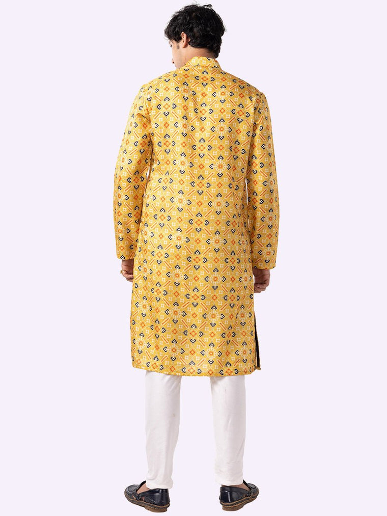 Lemon Yellow Printed Tussar Silk Kurta For Men – The Kurta Company