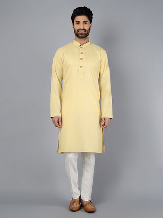 Light Yellow Solid Cotton Blend Kurta for Men