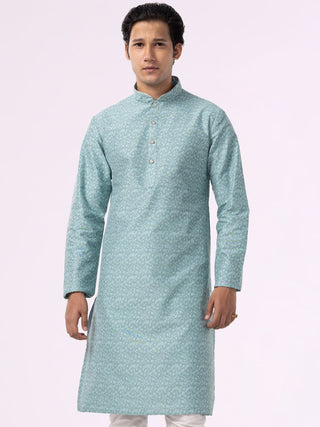 Light Turquoise Printed Silk Blend Kurta for Men