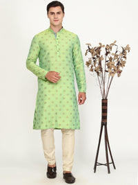 Lime Green Texture Silk Blend Kurta for Men