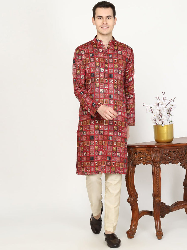 Men'S Maroon Printed Kurta Only