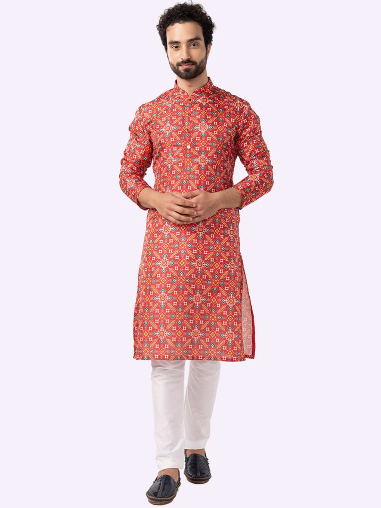 Red Men's Embroidered Kurta with Zebra Pattern Design