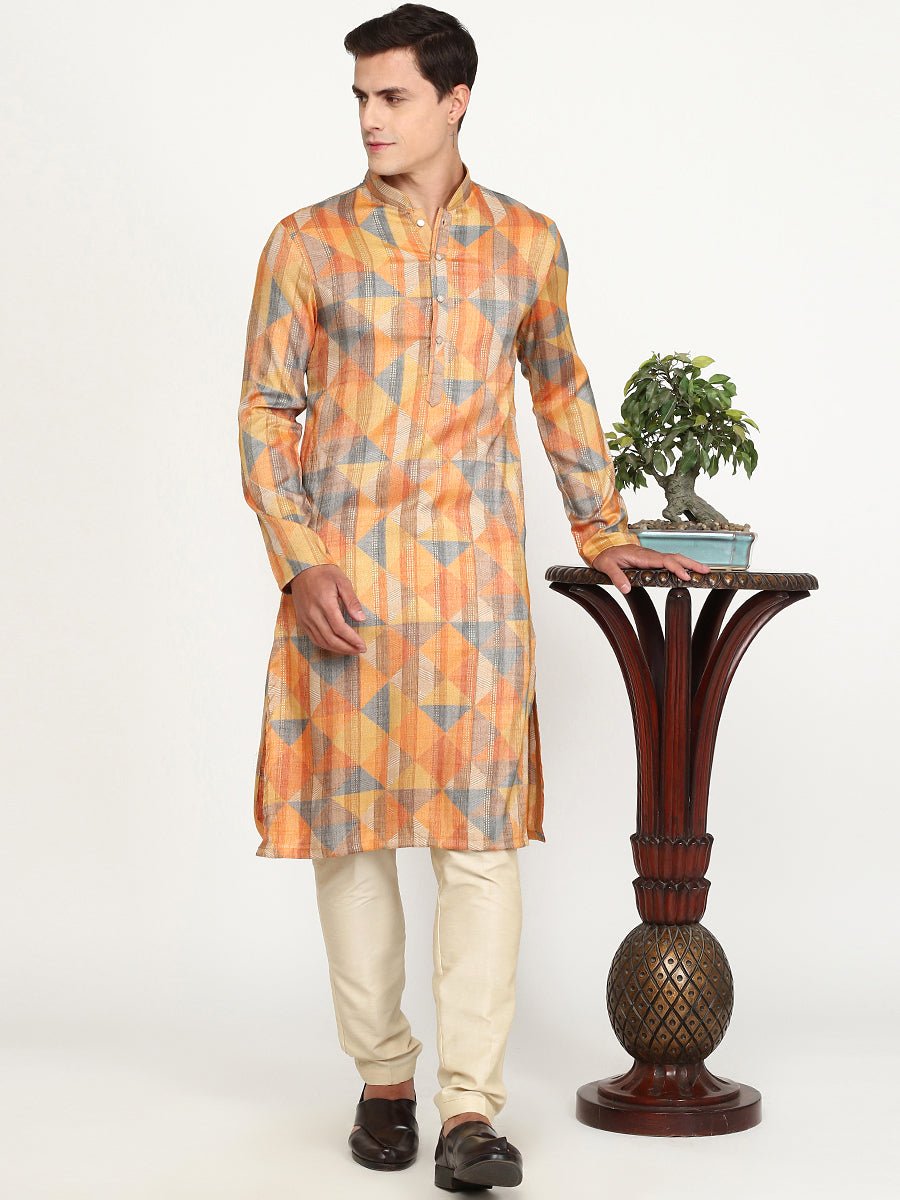 Multi Orange Printed Cotton Blend Kurta for Men