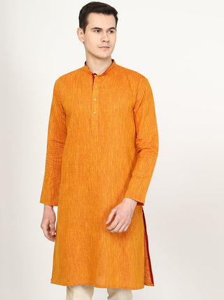 Mustard Yellow Printed Silk Blend Kurta for Men