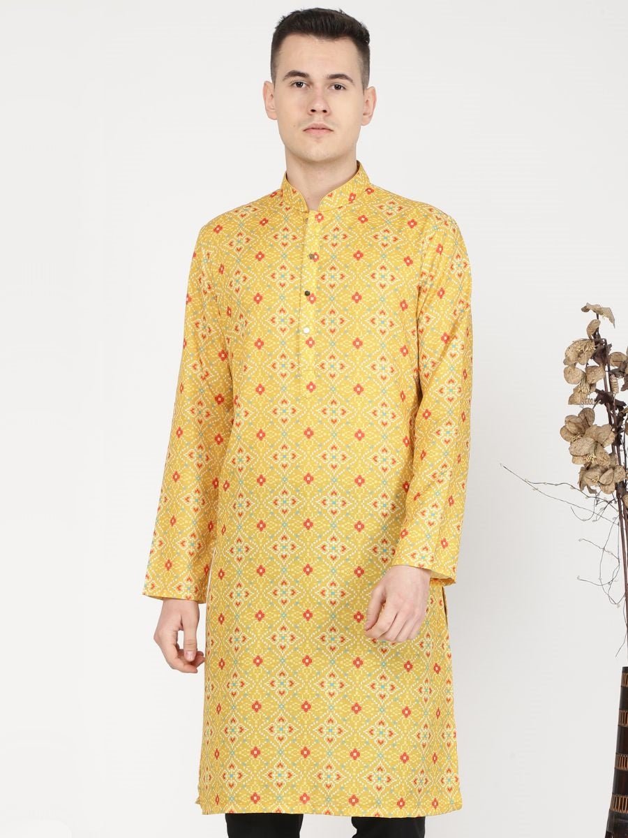 Mustard Yellow Silk Blend Printed Kurta for Men