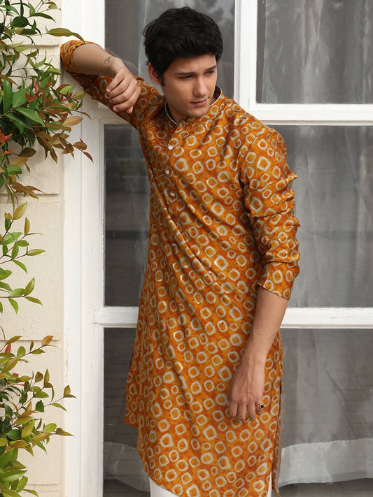 Mustard Yellow Printed A-line Kurta