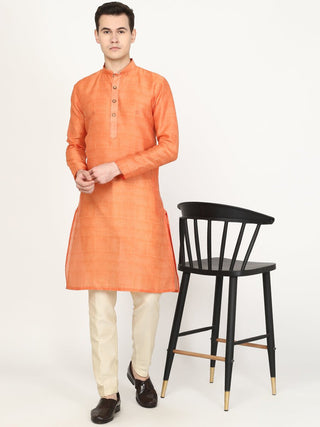 Orange Printed Silk Blend Kurta for Men