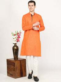 Bright Orange Printed Silk Blend Kurta for Men