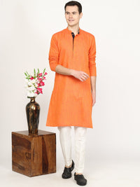 Bright Orange Printed Silk Blend Kurta for Men