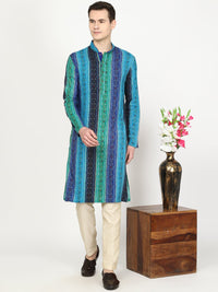 Peacock Blue Printed Cotton Blend Kurta for Men