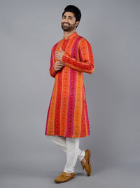 Pink & Orange Printed Cotton Blend Kurta for Men