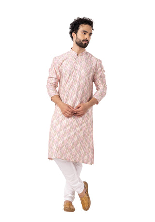 Pink Printed Cotton Silk Blend Kurta for Men