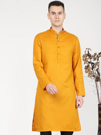 Pumpkin Yellow Cotton Blend Solid Kurta for Men