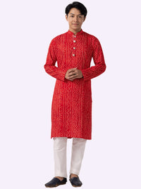 Red Bandhani Printed Cotton Silk Blend Kurta For Men