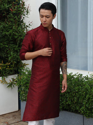 Red Printed Cotton Silk Blend Kurta for Men