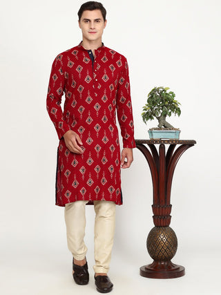 Red Printed Cotton Blend Kurta for Men