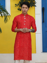 Red Bandhani Printed Cotton Silk Blend Kurta For Men