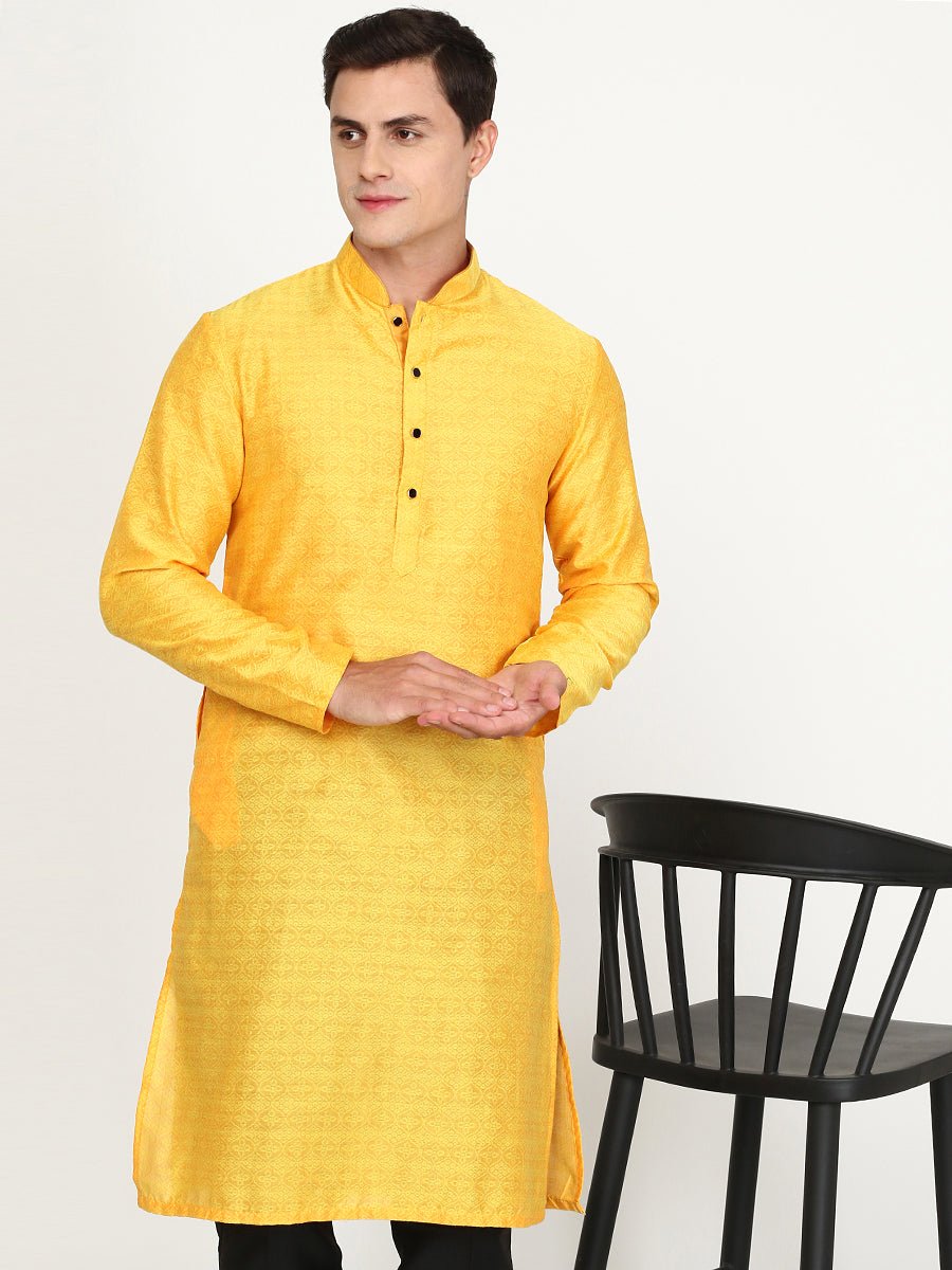 Sun Shine Yellow Haldi Printed Silk Blend Kurta for Men