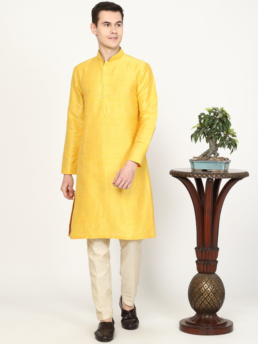 Sunny Yellow Solid Silk Blend Kurta for Men