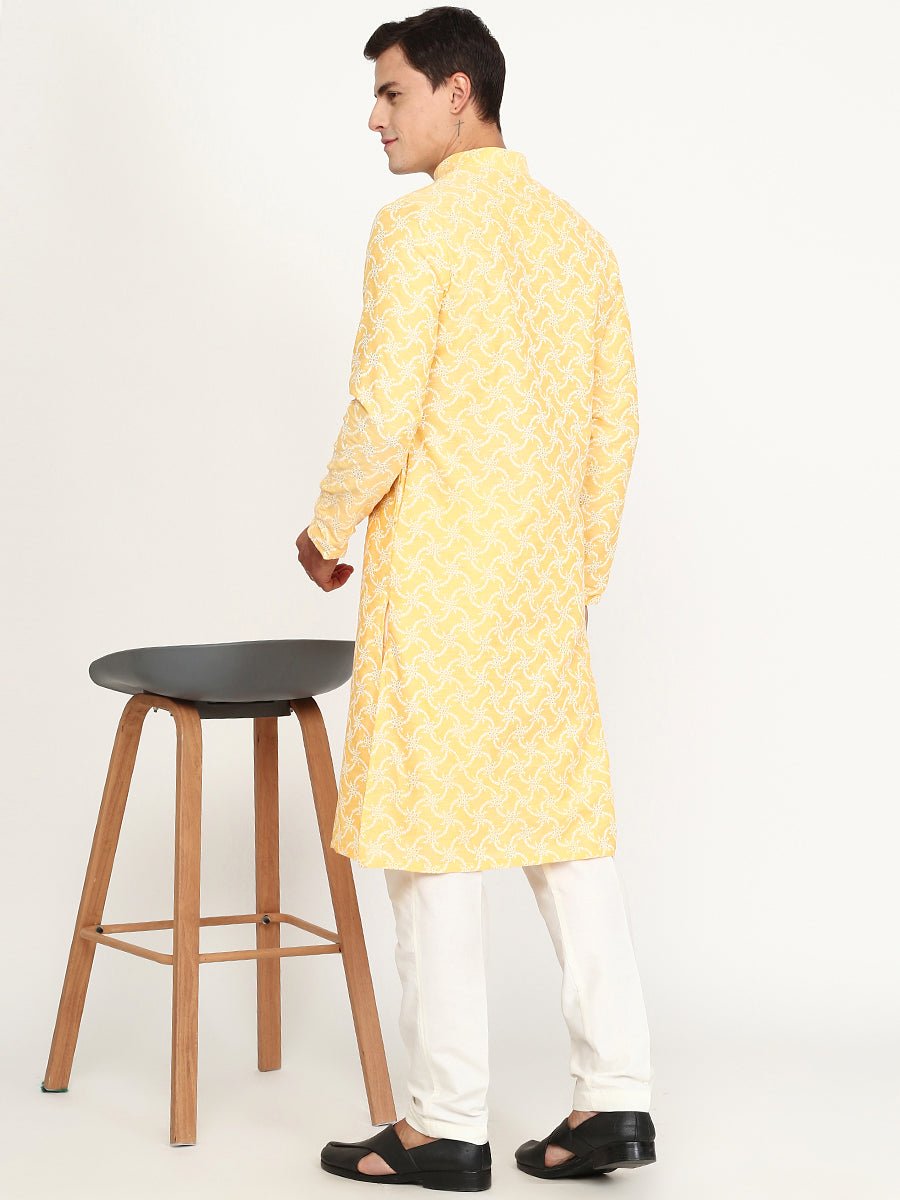Yellow Haldi Printed Silk Blend Kurta for Men