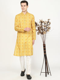 Yellow Printed Cotton Blend Kurta for Men