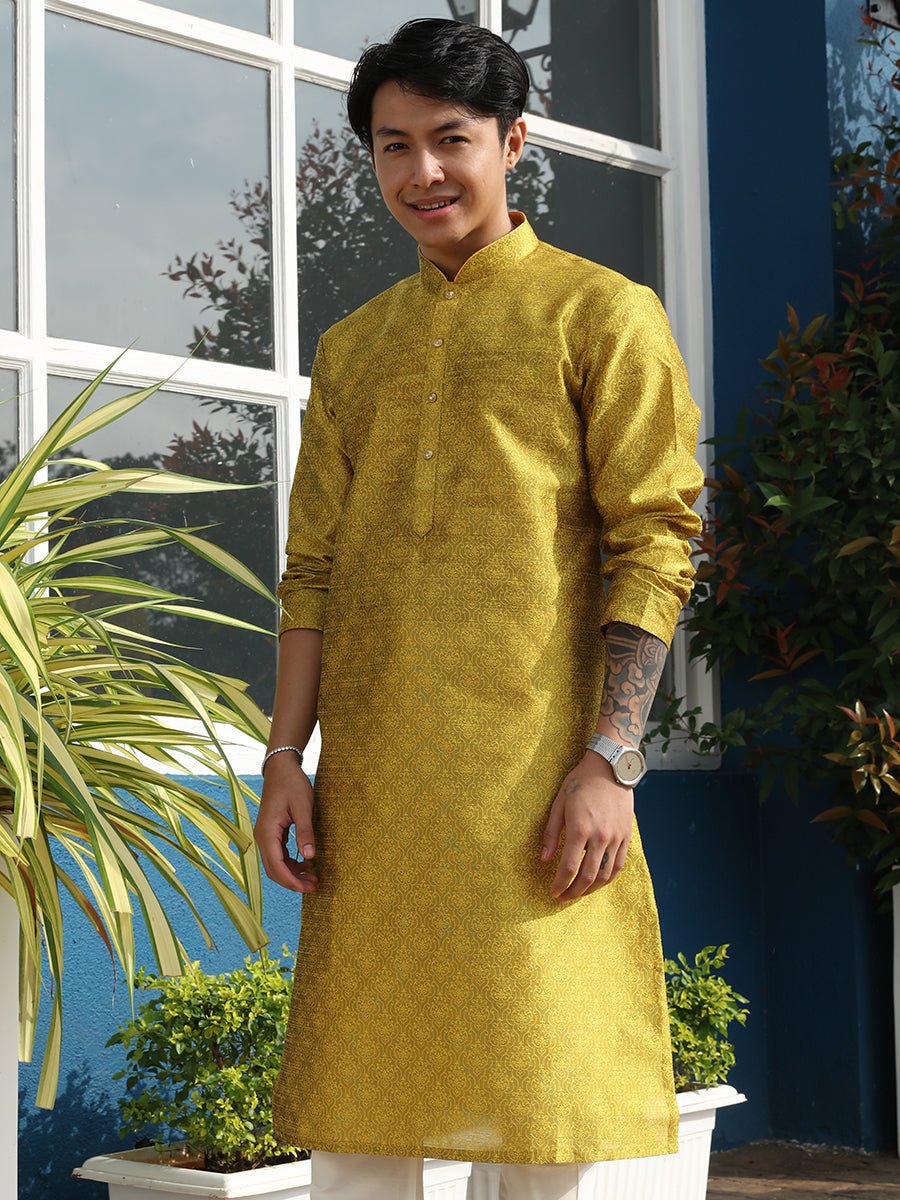 Yellow Printed Cotton Silk Blend Kurta for Men