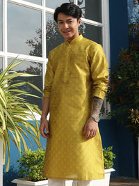 Yellow Printed Cotton Silk Blend Kurta for Men