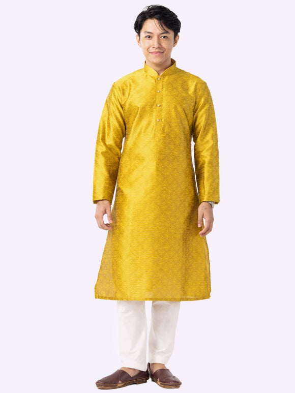 Yellow Dola silk Printed Long Men Kurta