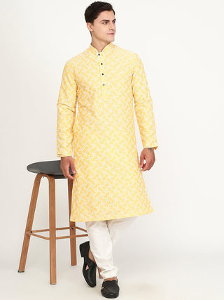 Yellow Haldi Printed Silk Blend Kurta for Men