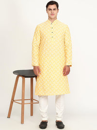 Yellow Printed Silk Blend Kurta for Men
