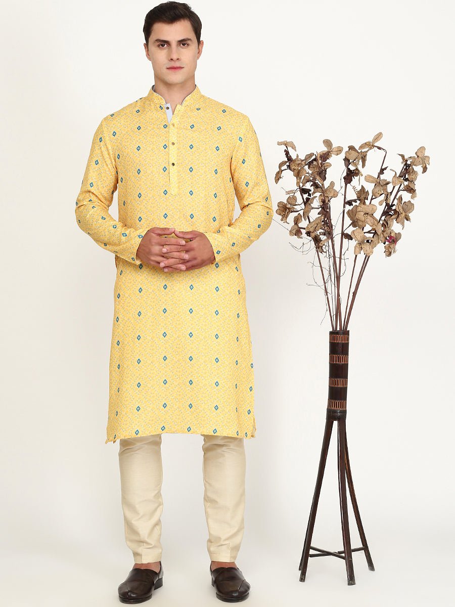 Yellow Printed Cotton Blend Kurta for Men