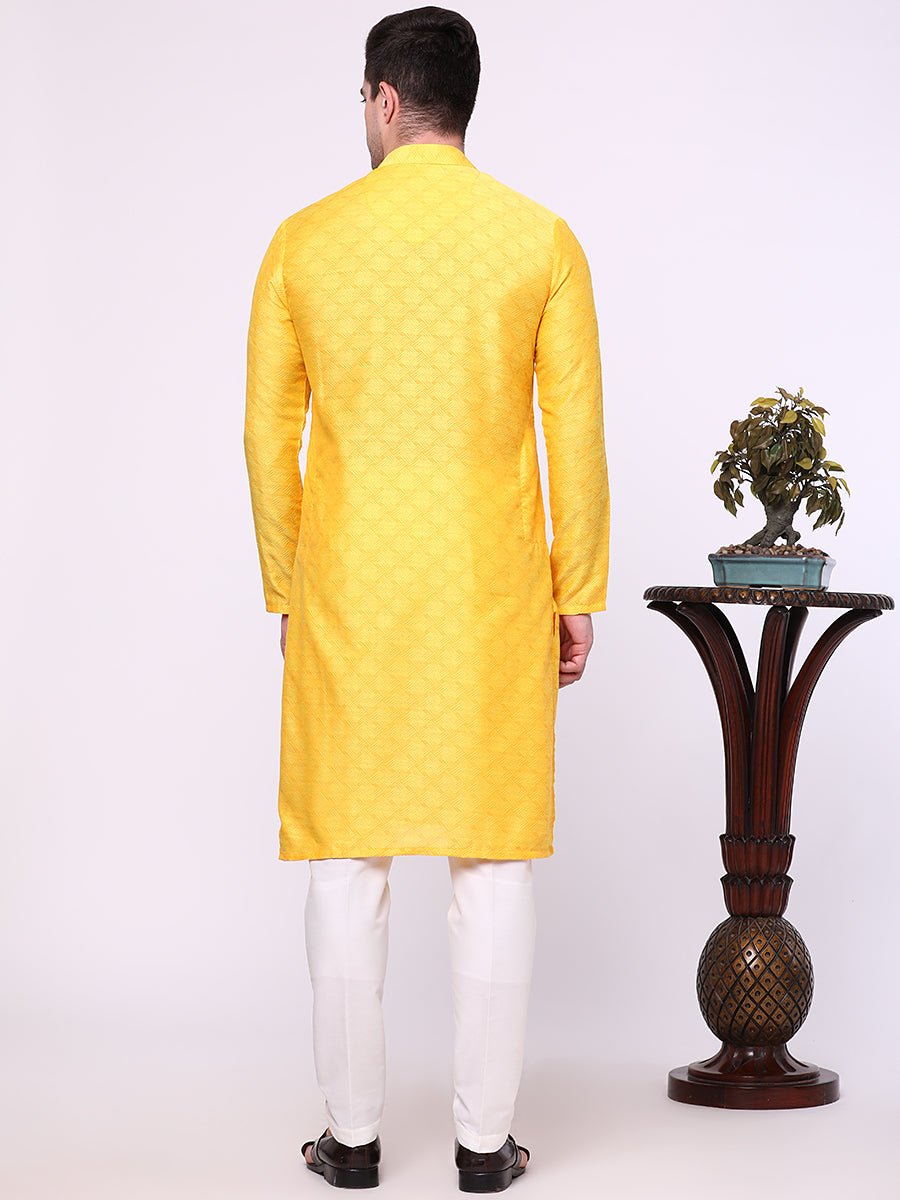 Vibrant Yellow Self-Textured Haldi Kurta For Men