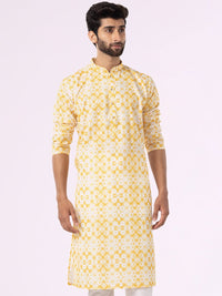 Yellow & White Printed Cotton Blend Kurta For Men